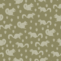 Green Squirrels and Acorns on Green Background Seamless Repeat Pattern. Background for textiles, cards, manufacturing, wallpapers, print, gift wrap and scrapbooking.