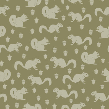 Green Squirrels and Acorns on Green Background Seamless Repeat Pattern. Background for textiles, cards, manufacturing, wallpapers, print, gift wrap and scrapbooking.