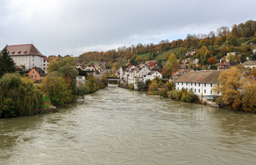 Historical centre and Aare river, viewed from Casinobruecke bridge. Town of Brugg, Swiss canton of Aargau, Switzerland, Europe.