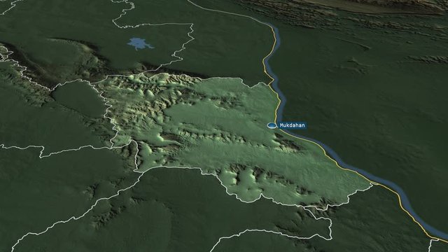 Mukdahan - province of Thailand with its capital zoomed on the physical map of the globe. Animation 3D