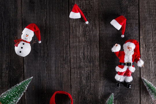 New Year objects on wooden rustic background. Top view