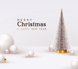 Christmas and New Year background. Xmas pine fir lush tree. White glass balls, transparent round 3d spheres, render illustration. Bright Winter holiday composition. Greeting card, banner, poster