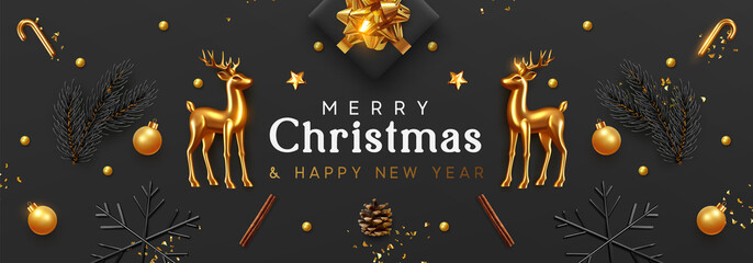 Fototapeta na wymiar Christmas banner. Xmas Background with realistic objects, Gold Metal Deer, spruce branches, gift boxes. New Year's traditional decorations, viewed from above. Horizontal poster, header, website.