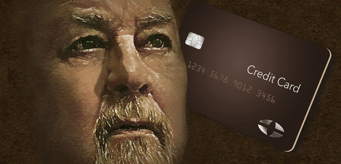 A man's face is seen next to a modern credit card in this sepia colored illustration that features a watercolor texture to give it a vintage feel.