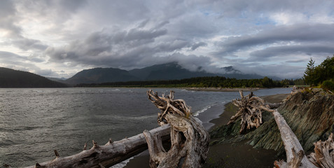 Fototapeta na wymiar Port Renfrew, Vancouver Island, BC, Canada. Beautiful Panoramic View of a beach in a small town during a cloudy summer sunset.