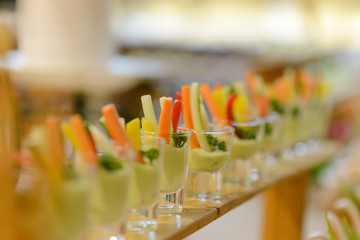 Chilled vegetable crudites with wasabi mayo. appetizers in cocktail party. food catering