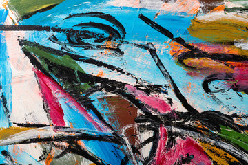 An abstract fragment of painting showing vibrant colors, brushstroke texture, and line flows.