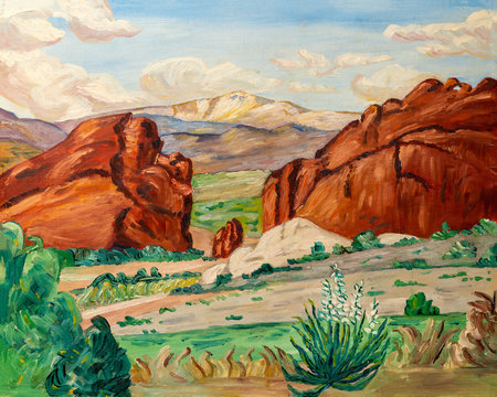 Naive style oil painting of the Grand Canyon mountains and arid landscape of Arizona or Nevada, in southwest United States.