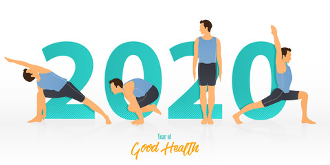 Happy New Year 2020 banner with yoga poses. Year of good health. Banner design template for New Year 2020 decoration in Yoga Concept. Vector illustration.