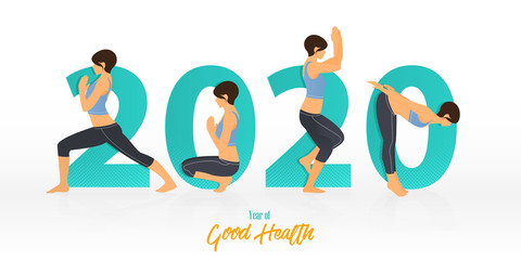 Happy New Year 2020 banner with yoga poses. Year of good health. Banner design template for New Year 2020 decoration in Yoga Concept. Vector illustration.