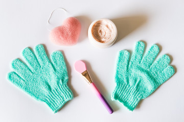 Scrub, brush, gloves and sponge.