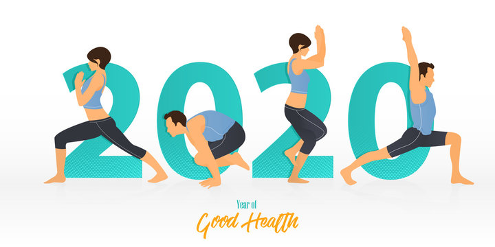 Happy New Year 2020 banner with yoga poses. Year of good health. Banner design template for New Year 2020 decoration in Yoga Concept. Vector illustration.