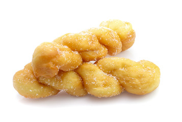 twisted bread donuts with sugar isolated on white