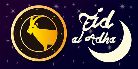 Eid al adha poster with a goat and a white moon - Vector illustration