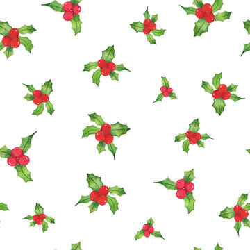 Watercolour Holiday Holly Leaves Seamless repeat pattern