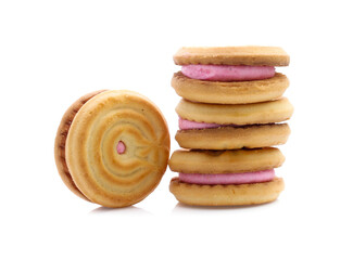 sandwich cookies with strawberry cream on white background