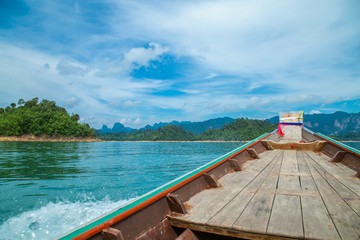 mountains lake river sky and natural attractions in Ratchaprapha Dam at Khao Sok National Park, Surat Thani Province, Thailand.