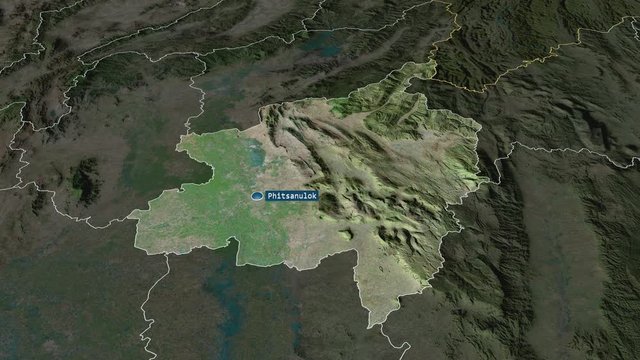 Phitsanulok - province of Thailand with its capital zoomed on the satellite map of the globe. Animation 3D