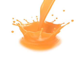 Pouring orange juice and splash on white black ground with clipping path,3d rendering.