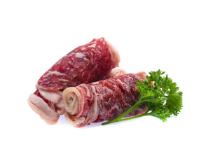 Fresh raw beef meat slices isolated over white background