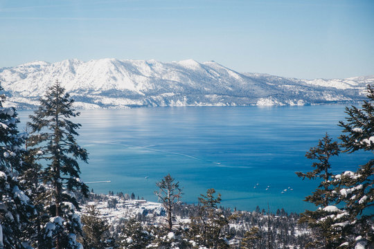 View of mountains and lake from ski slopes