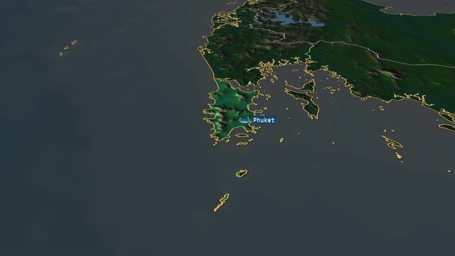 Phuket - province of Thailand with its capital zoomed on the physical map of the globe. Animation 3D