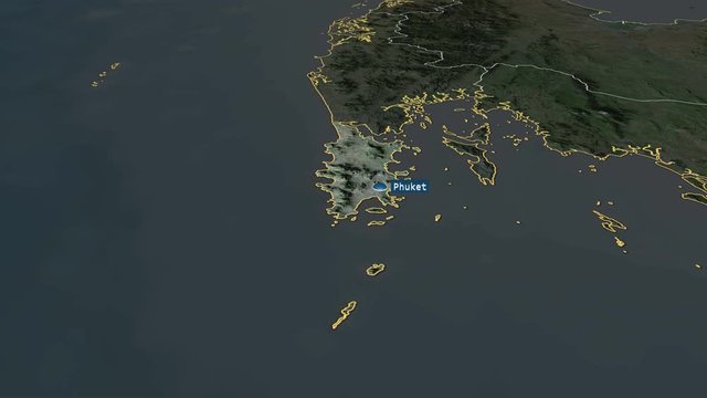 Phuket - province of Thailand with its capital zoomed on the satellite map of the globe. Animation 3D