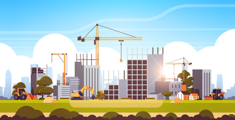 modern construction site with cranes tractor and bulldozer unfinished building exterior sunset background flat horizontal vector illustration