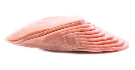 Boiled sausage slices isolated on white