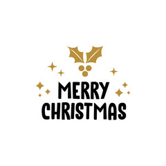 Merry christmas text with holy berry leaves. Xmas greeting card design.