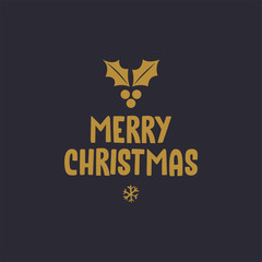 Merry christmas text with holy berry leaves. Xmas greeting card design.