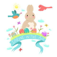 Easter emblem with a rabbit, eggs, birds, flowers. The inscription spring is in the air. Vector graphics.