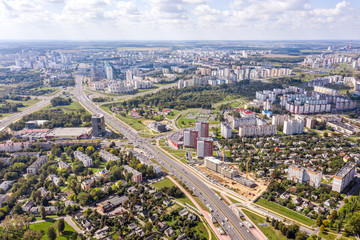 Panoramic view of residential area in summer. Minsk, Belarus. Drone photography