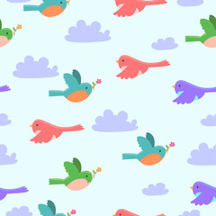 Seamless pattern with cartoon birds and clouds .Vector graphic.