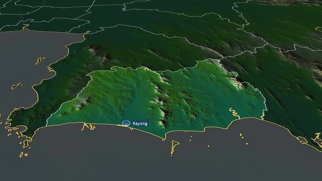 Rayong - province of Thailand with its capital zoomed on the physical map of the globe. Animation 3D