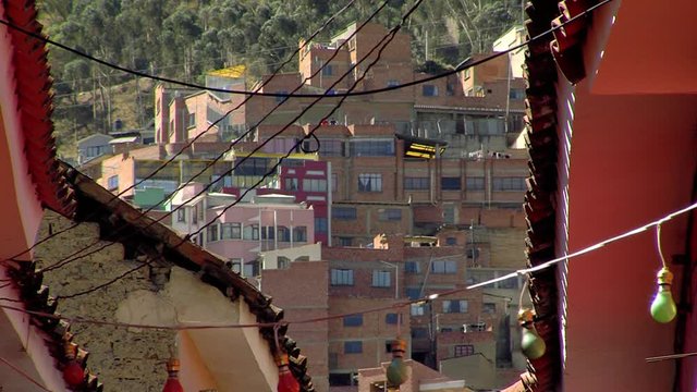 Street with Light bulbs and Wires in La Paz, Bolivia, South America.