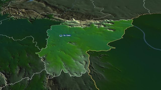Sa Kaeo - province of Thailand with its capital zoomed on the physical map of the globe. Animation 3D
