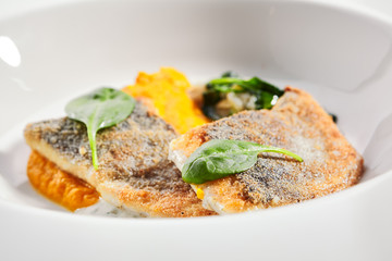 Cod fillet with pumpkin puree and spinach closeup. Seafood restaurant menu item. Delicious healthy food. Exquisite dish isolated on white background. Gourmet meal, tasty lunch close up