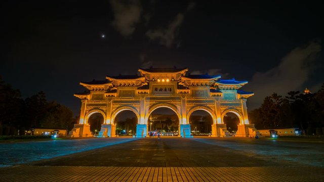 Time-lapse of Liberty Square main gate of Chiang Kai-Shek Memorial Hall at night in Taipei, Taiwan. the famous landmark