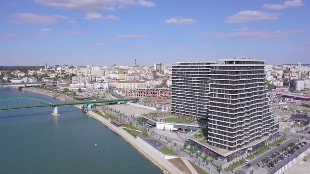 Fantastic aerial orbiting shot revealing Belgrade Waterfront and Old city centre in Serbia