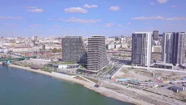 Belgrade Waterfront, aerial sliding shot, summer day