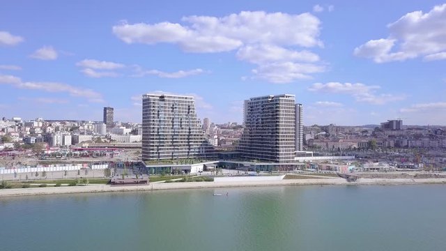 Incredible aerial static postcard shot of Belgrade Waterfront on Sava river, Serbia