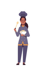 female professional chef cook holding plate with porridge and spoon african american woman restaurant worker in uniform tasting dish cooking food concept flat full length vertical vector illustration