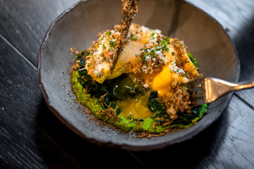 Haute cuisine - egg based appetizer on a dish with a dark background