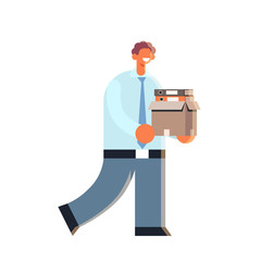 businessman holding box with stuff things happy business man standing pose new job concept male office worker in formal wear flat full length vector illustration