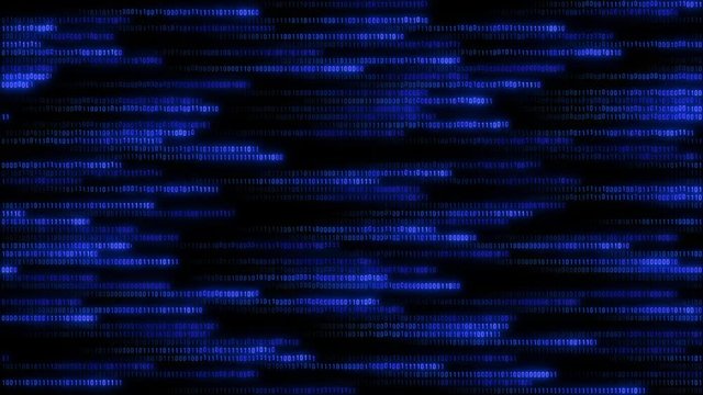 Binary code-blue numbers on a black background move. Digital security background. Matrix loop. Encoding. Digital binary data, code stream left. 4K network animation binary data.