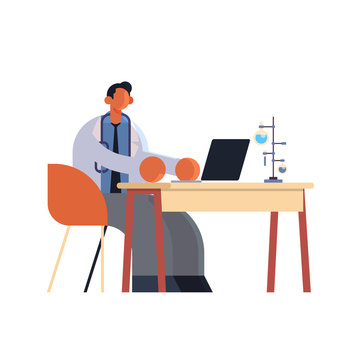male doctor using laptop man researcher sitting at workplace desk with test tubes medicine healthcare concept hospital medical laboratory worker in white coat full length flat vector illustration