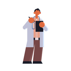 male doctor in white coat writing report in patient card clipboard medicine healthcare concept hospital medical clinic worker with stethoscope standing pose full length flat vector illustration