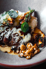 Haute cuisine - stew from beef, mushrooms and mashed potato in a bowl at dark background