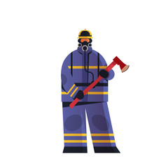 brave fireman holding axe firefighter wearing uniform and helmet firefighting emergency service extinguishing fire concept flat white background full length vector illustration